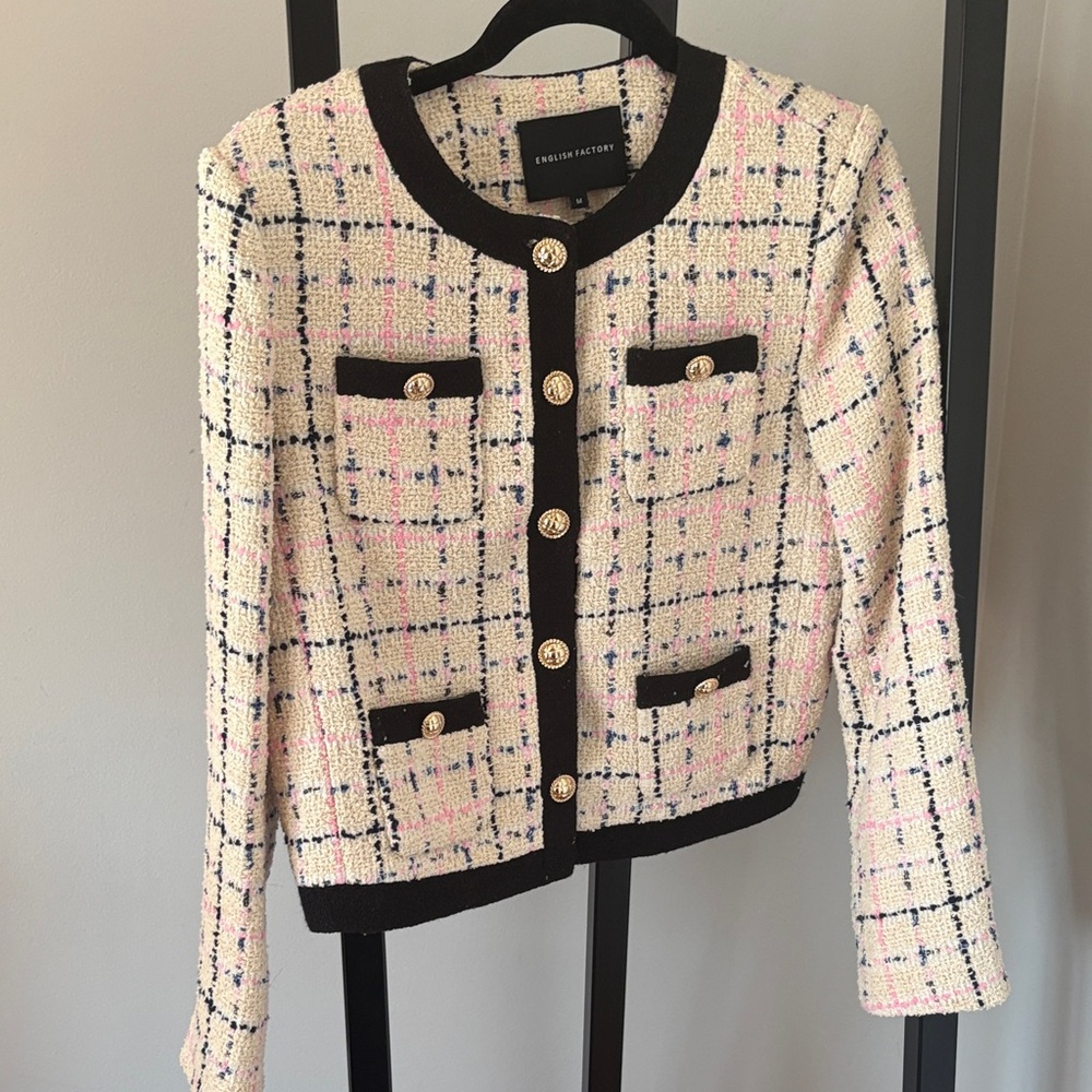 English Factory Cream Tweed Jacket with Black Trim and Gold Buttons